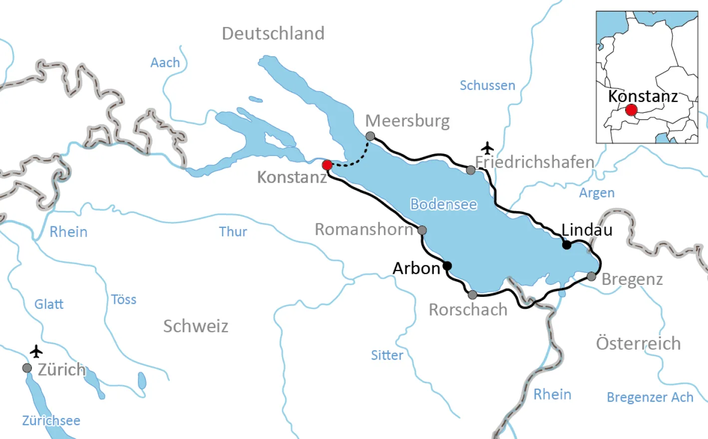 Kaart voor Bodensee fietstocht aan het weekend