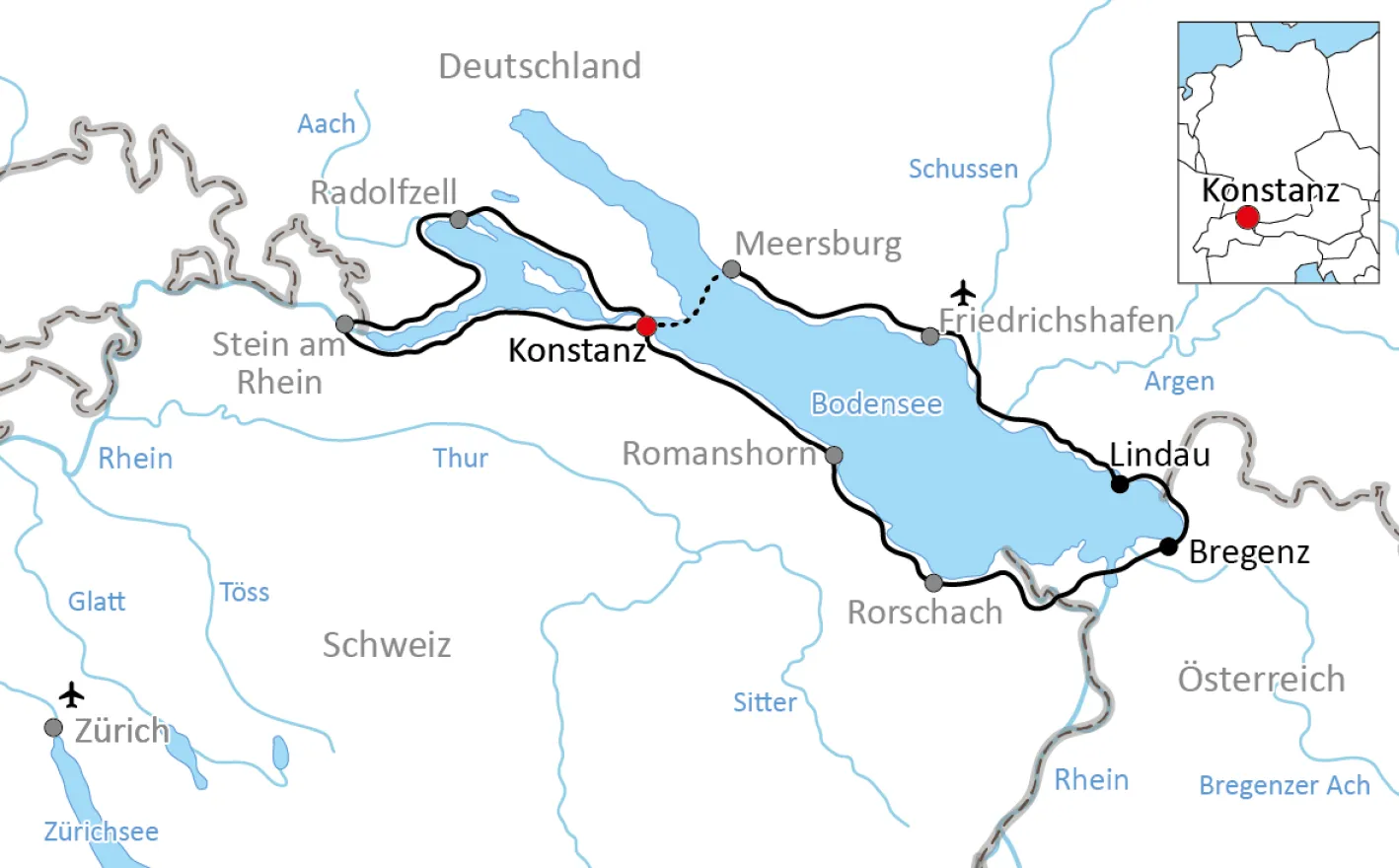 Kaart voor de actieve fietstocht rond de Bodenmeer