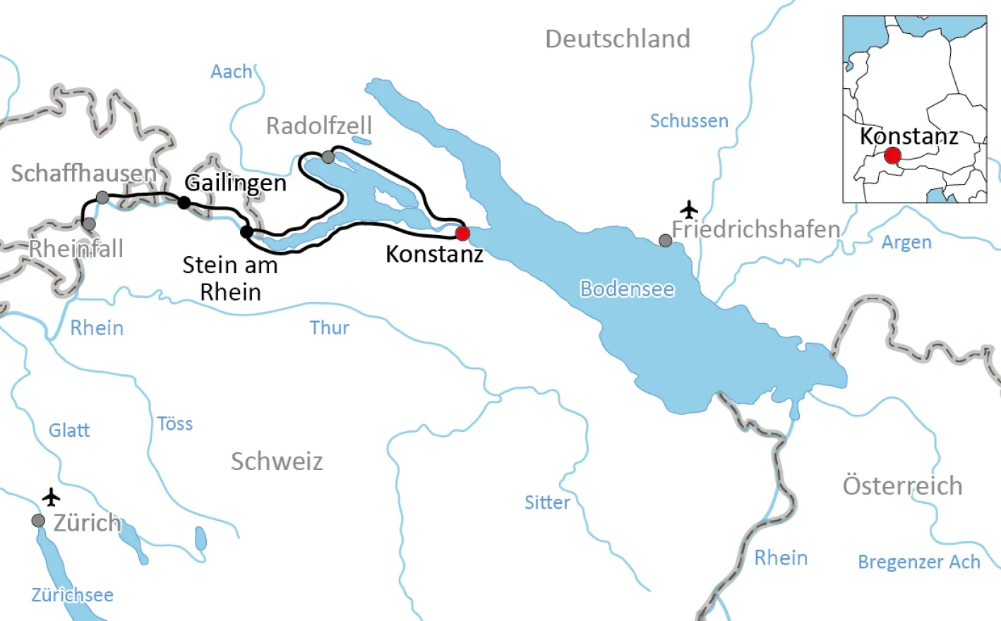 Kaart voor de fietstocht langs de Untersee en naar de Rijnwatervallen