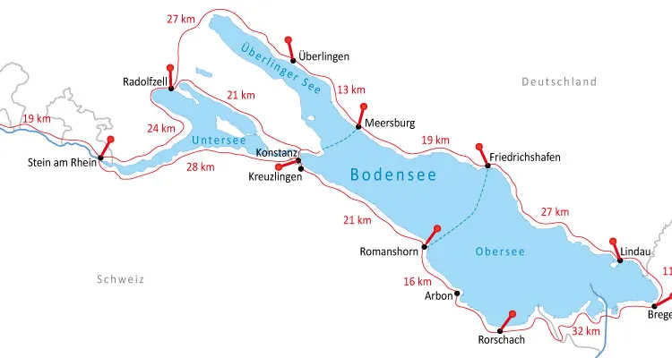 Afstanden langs de Bodensee-fietsroute